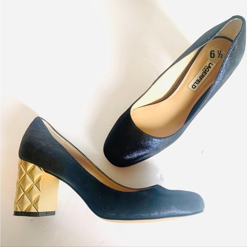 Karl Lagerfeld Scarlet Leather Paris Blue Gold Quilted Chunky Metallic Heels 6.5